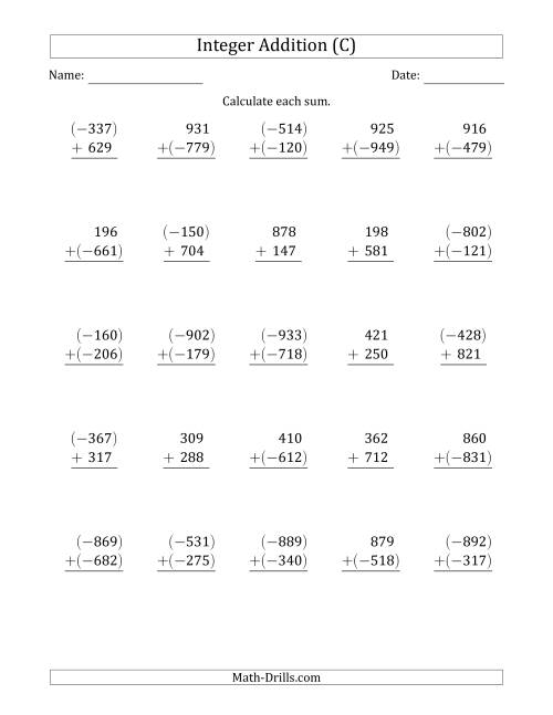 The Three-Digit Integer Addition (Vertically Arranged) (C) Math Worksheet