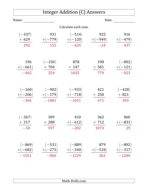 The Three-Digit Integer Addition (Vertically Arranged) (C) Math Worksheet Page 2