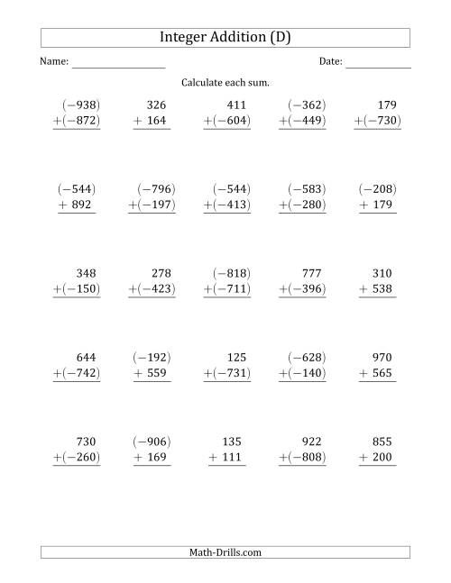 The Three-Digit Integer Addition (Vertically Arranged) (D) Math Worksheet