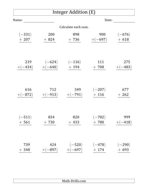 The Three-Digit Integer Addition (Vertically Arranged) (E) Math Worksheet