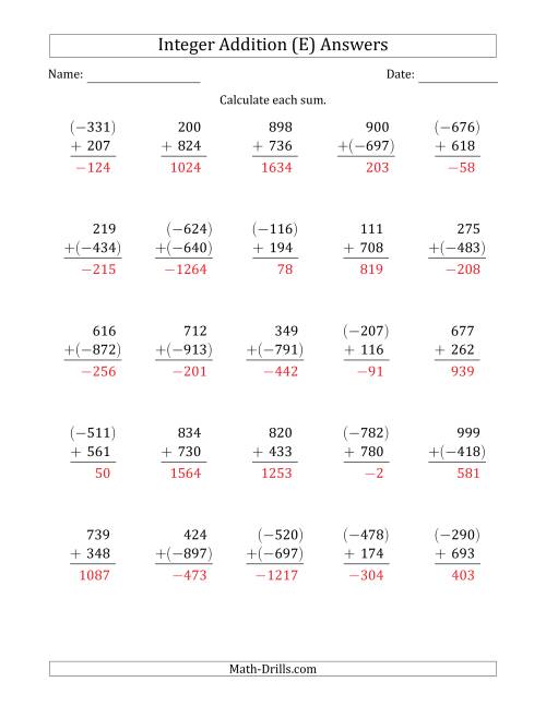 The Three-Digit Integer Addition (Vertically Arranged) (E) Math Worksheet Page 2