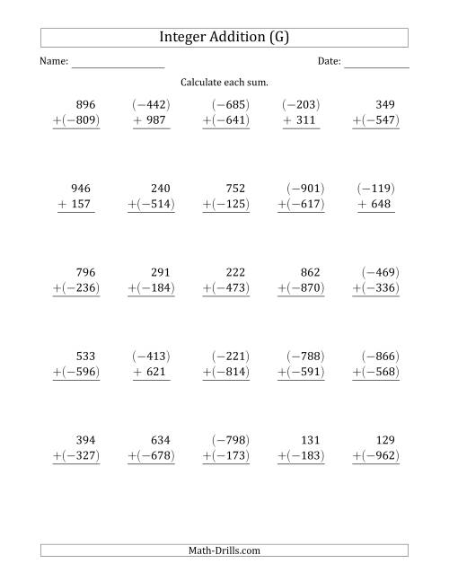 The Three-Digit Integer Addition (Vertically Arranged) (G) Math Worksheet