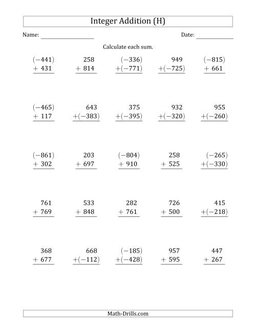 The Three-Digit Integer Addition (Vertically Arranged) (H) Math Worksheet