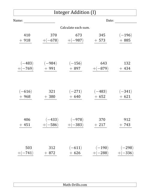 The Three-Digit Integer Addition (Vertically Arranged) (I) Math Worksheet