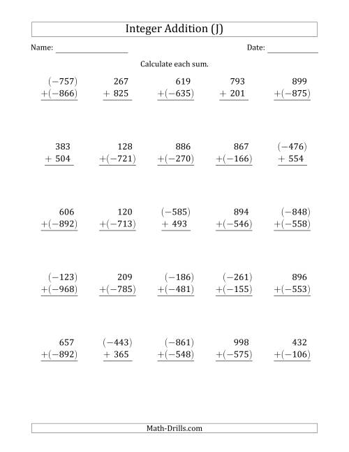 The Three-Digit Integer Addition (Vertically Arranged) (J) Math Worksheet