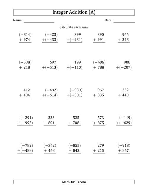 The Three-Digit Integer Addition (Vertically Arranged) (All) Math Worksheet