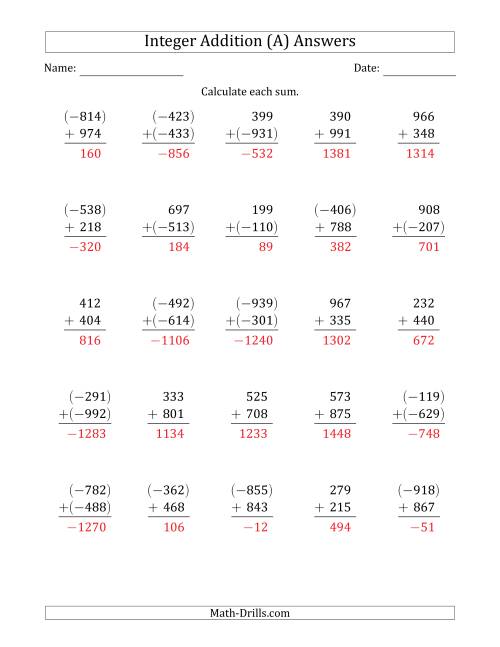 The Three-Digit Integer Addition (Vertically Arranged) (All) Math Worksheet Page 2