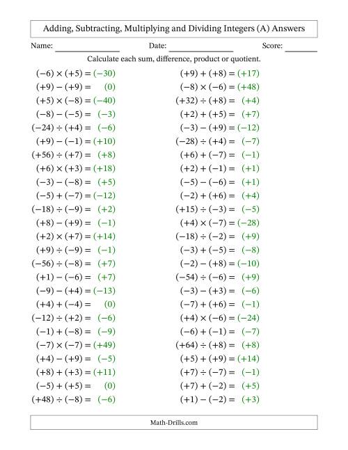 The All Operations with Integers (Range -9 to 9) with All Integers in Parentheses (A) Math Worksheet Page 2