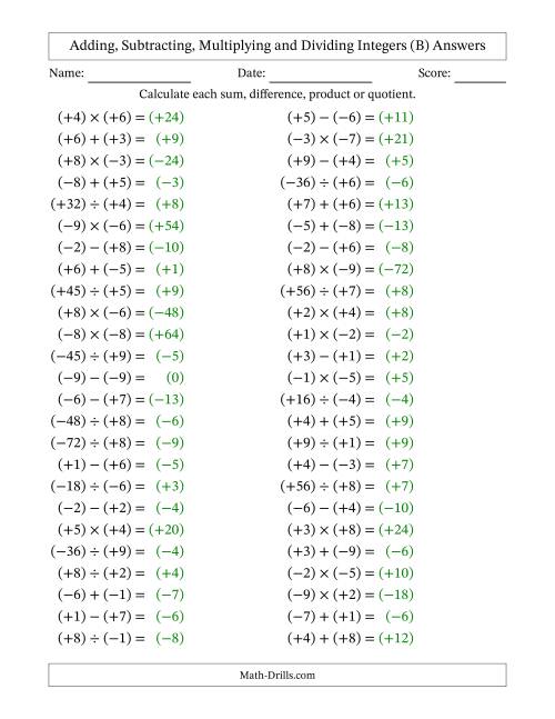 The All Operations with Integers (Range -9 to 9) with All Integers in Parentheses (B) Math Worksheet Page 2