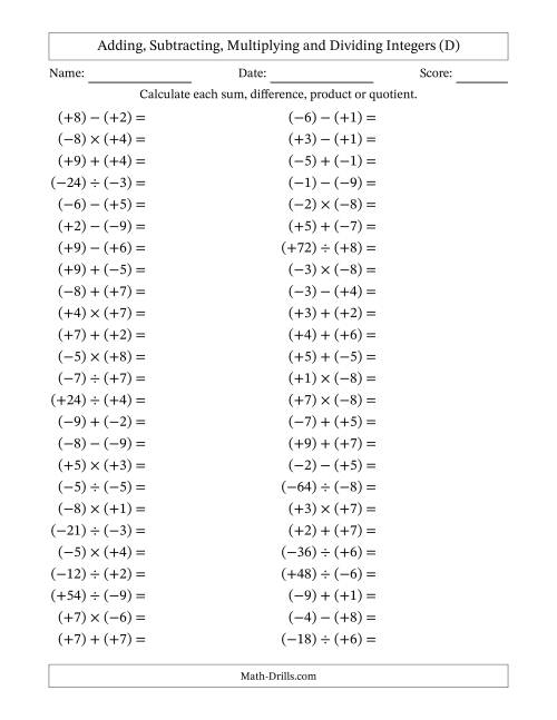 The All Operations with Integers (Range -9 to 9) with All Integers in Parentheses (D) Math Worksheet