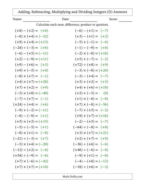 The Adding, Subtracting, Multiplying and Dividing Mixed Integers from -9 to 9 (50 Questions; All Parentheses) (D) Math Worksheet Page 2