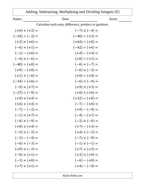 The Adding, Subtracting, Multiplying and Dividing Mixed Integers from -9 to 9 (50 Questions; All Parentheses) (E) Math Worksheet