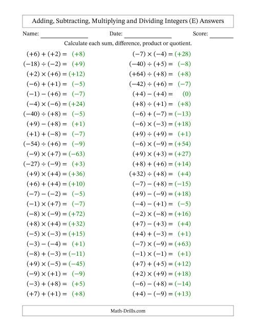 The All Operations with Integers (Range -9 to 9) with All Integers in Parentheses (E) Math Worksheet Page 2