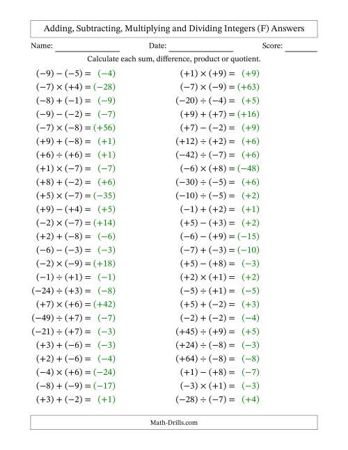 The Adding, Subtracting, Multiplying and Dividing Mixed Integers from -9 to 9 (50 Questions; All Parentheses) (F) Math Worksheet Page 2