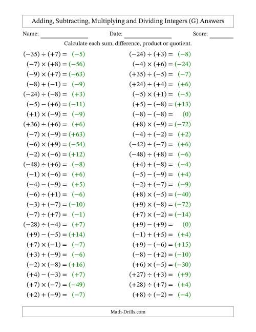 The Adding, Subtracting, Multiplying and Dividing Mixed Integers from -9 to 9 (50 Questions; All Parentheses) (G) Math Worksheet Page 2