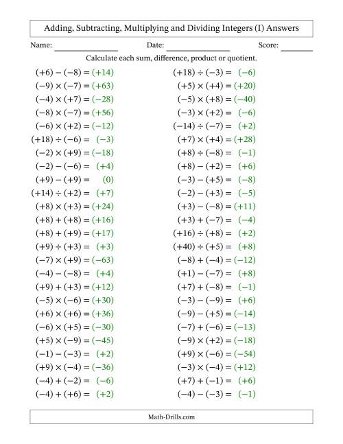 The All Operations with Integers (Range -9 to 9) with All Integers in Parentheses (I) Math Worksheet Page 2