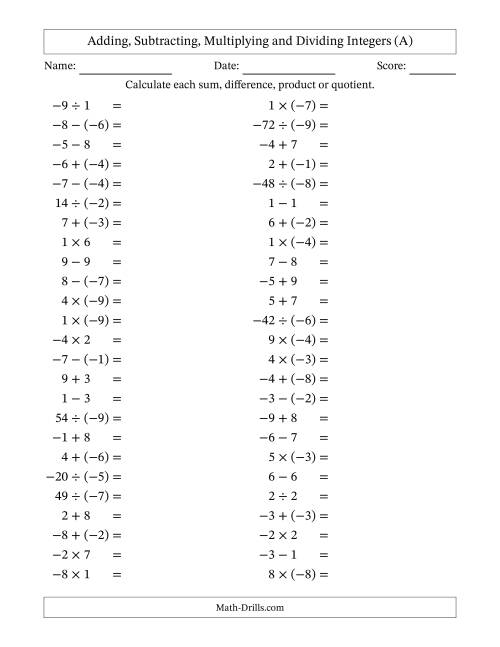 The All Operations with Integers (Range -9 to 9) with Negative Integers in Parentheses (A) Math Worksheet