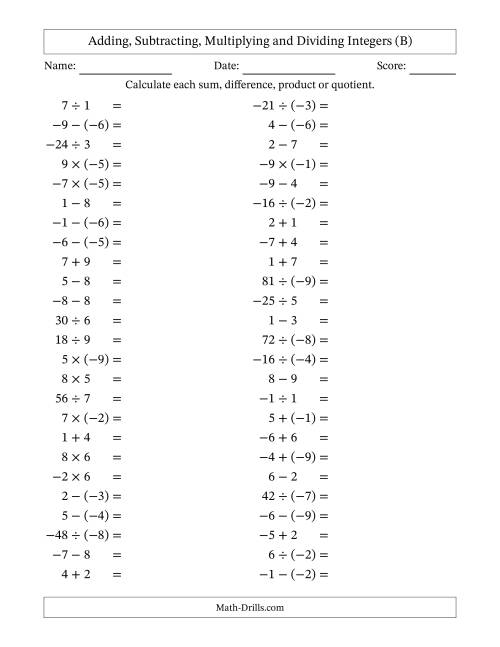 The Adding, Subtracting, Multiplying and Dividing Mixed Integers from -9 to 9 (50 Questions) (B) Math Worksheet