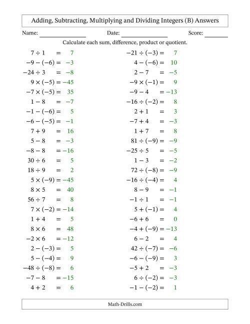 The All Operations with Integers (Range -9 to 9) with Negative Integers in Parentheses (B) Math Worksheet Page 2