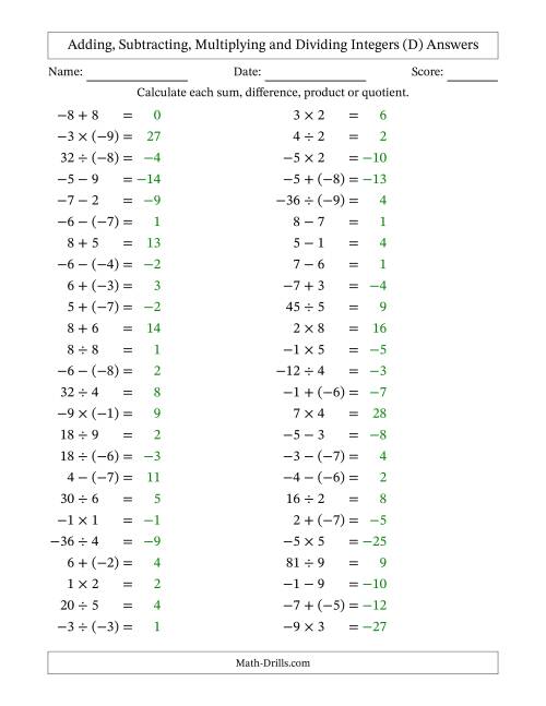 The All Operations with Integers (Range -9 to 9) with Negative Integers in Parentheses (D) Math Worksheet Page 2