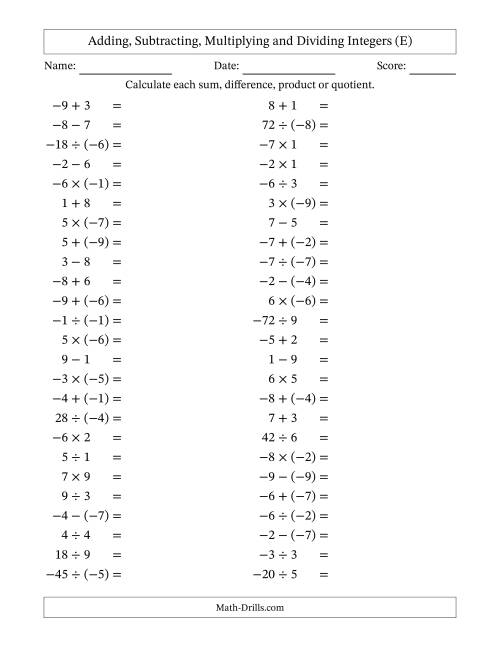 The All Operations with Integers (Range -9 to 9) with Negative Integers in Parentheses (E) Math Worksheet