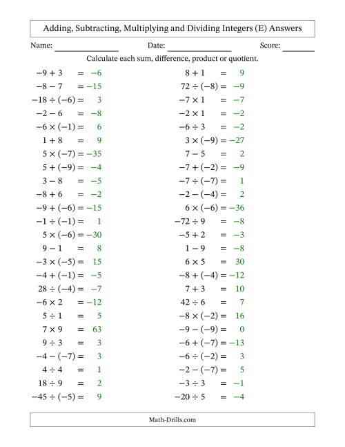 The All Operations with Integers (Range -9 to 9) with Negative Integers in Parentheses (E) Math Worksheet Page 2