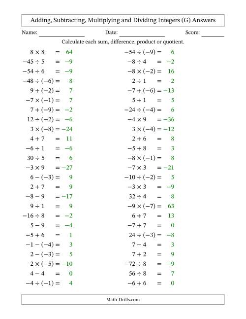 The All Operations with Integers (Range -9 to 9) with Negative Integers in Parentheses (G) Math Worksheet Page 2