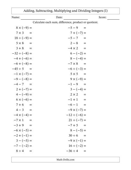 The All Operations with Integers (Range -9 to 9) with Negative Integers in Parentheses (I) Math Worksheet