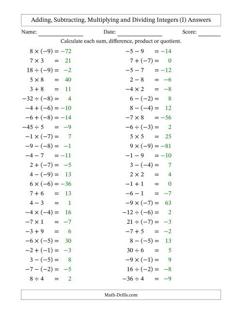The Adding, Subtracting, Multiplying and Dividing Mixed Integers from -9 to 9 (50 Questions) (I) Math Worksheet Page 2