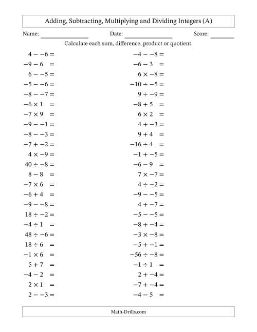 The All Operations with Integers (Range -9 to 9) with No Parentheses (A) Math Worksheet