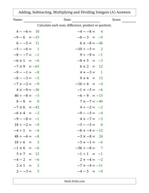 The All Operations with Integers (Range -9 to 9) with No Parentheses (A) Math Worksheet Page 2