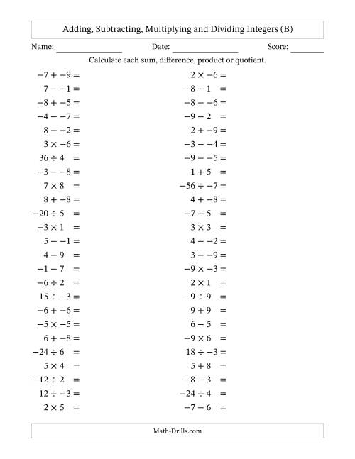 The Adding, Subtracting, Multiplying and Dividing Mixed Integers from -9 to 9 (50 Questions; No Parentheses) (B) Math Worksheet