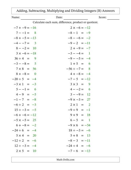 The Adding, Subtracting, Multiplying and Dividing Mixed Integers from -9 to 9 (50 Questions; No Parentheses) (B) Math Worksheet Page 2