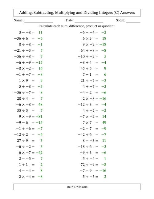 The Adding, Subtracting, Multiplying and Dividing Mixed Integers from -9 to 9 (50 Questions; No Parentheses) (C) Math Worksheet Page 2