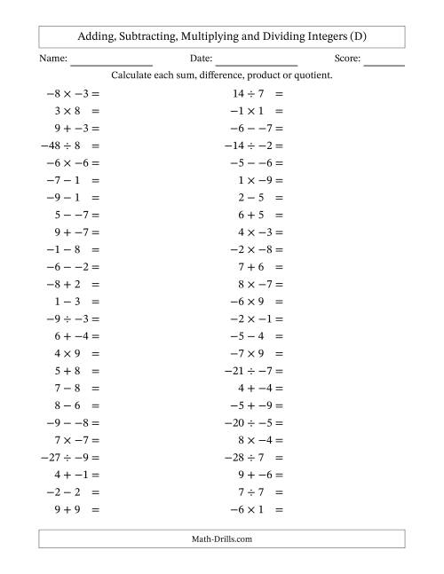 The Adding, Subtracting, Multiplying and Dividing Mixed Integers from -9 to 9 (50 Questions; No Parentheses) (D) Math Worksheet