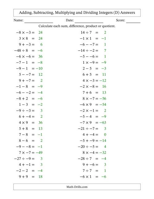 The Adding, Subtracting, Multiplying and Dividing Mixed Integers from -9 to 9 (50 Questions; No Parentheses) (D) Math Worksheet Page 2