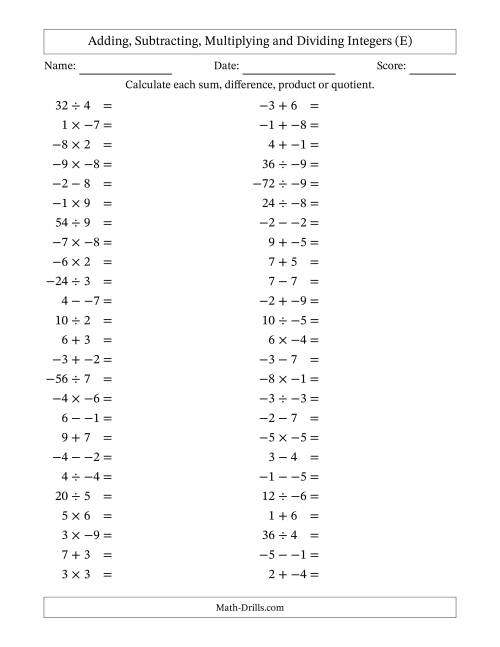 The Adding, Subtracting, Multiplying and Dividing Mixed Integers from -9 to 9 (50 Questions; No Parentheses) (E) Math Worksheet