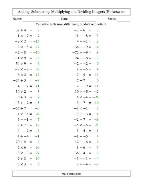 The Adding, Subtracting, Multiplying and Dividing Mixed Integers from -9 to 9 (50 Questions; No Parentheses) (E) Math Worksheet Page 2