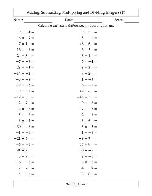 The Adding, Subtracting, Multiplying and Dividing Mixed Integers from -9 to 9 (50 Questions; No Parentheses) (F) Math Worksheet