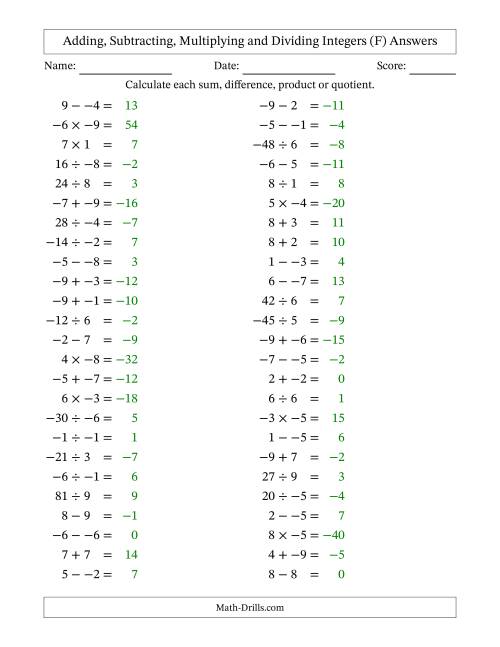 The Adding, Subtracting, Multiplying and Dividing Mixed Integers from -9 to 9 (50 Questions; No Parentheses) (F) Math Worksheet Page 2
