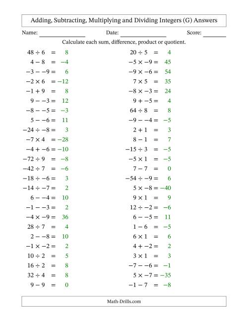 The Adding, Subtracting, Multiplying and Dividing Mixed Integers from -9 to 9 (50 Questions; No Parentheses) (G) Math Worksheet Page 2