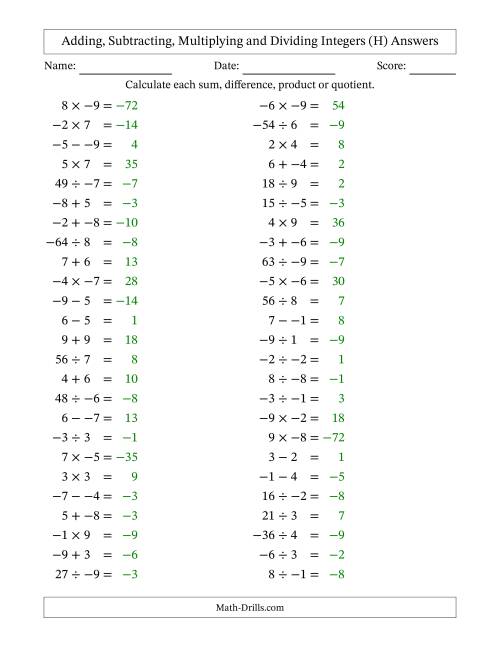 The Adding, Subtracting, Multiplying and Dividing Mixed Integers from -9 to 9 (50 Questions; No Parentheses) (H) Math Worksheet Page 2