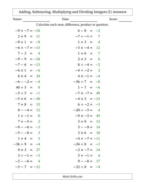The Adding, Subtracting, Multiplying and Dividing Mixed Integers from -9 to 9 (50 Questions; No Parentheses) (I) Math Worksheet Page 2
