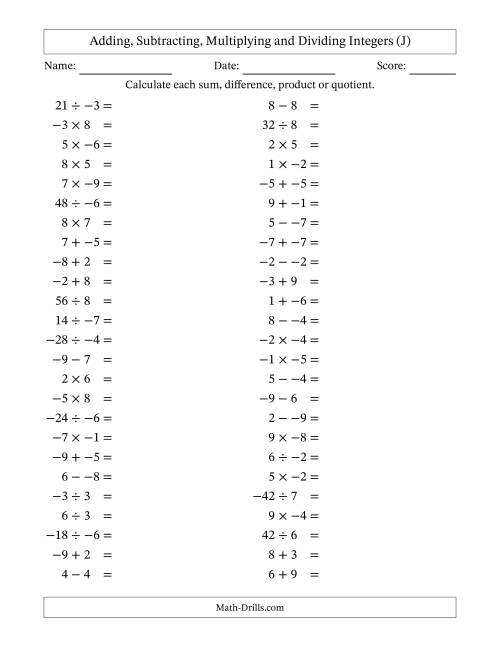 The Adding, Subtracting, Multiplying and Dividing Mixed Integers from -9 to 9 (50 Questions; No Parentheses) (J) Math Worksheet