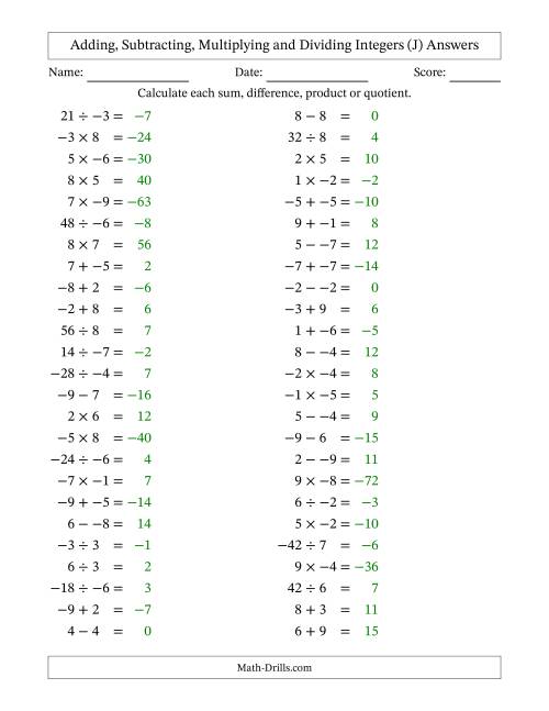 The Adding, Subtracting, Multiplying and Dividing Mixed Integers from -9 to 9 (50 Questions; No Parentheses) (J) Math Worksheet Page 2