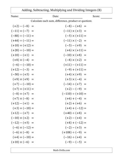 The Adding, Subtracting, Multiplying and Dividing Mixed Integers from -12 to 12 (50 Questions; All Parentheses) (B) Math Worksheet