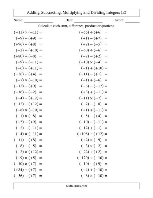 The Adding, Subtracting, Multiplying and Dividing Mixed Integers from -12 to 12 (50 Questions; All Parentheses) (E) Math Worksheet