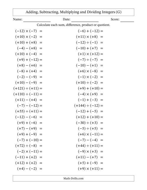 The Adding, Subtracting, Multiplying and Dividing Mixed Integers from -12 to 12 (50 Questions; All Parentheses) (G) Math Worksheet