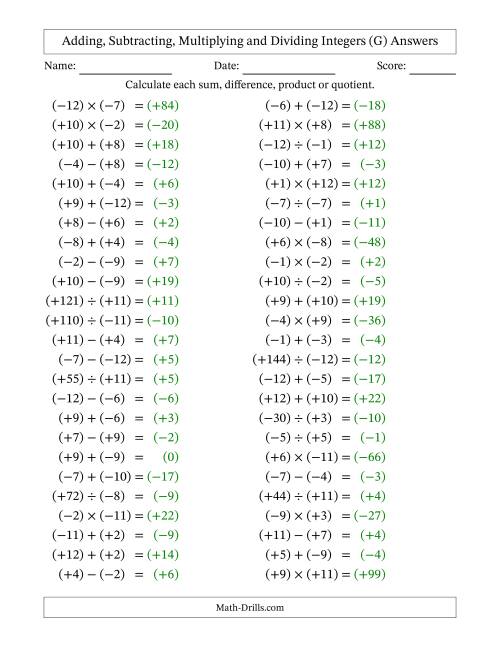 The Adding, Subtracting, Multiplying and Dividing Mixed Integers from -12 to 12 (50 Questions; All Parentheses) (G) Math Worksheet Page 2