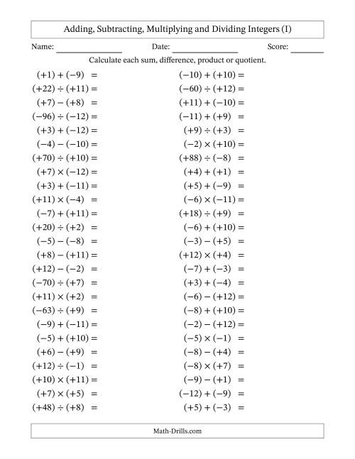 The Adding, Subtracting, Multiplying and Dividing Mixed Integers from -12 to 12 (50 Questions; All Parentheses) (I) Math Worksheet
